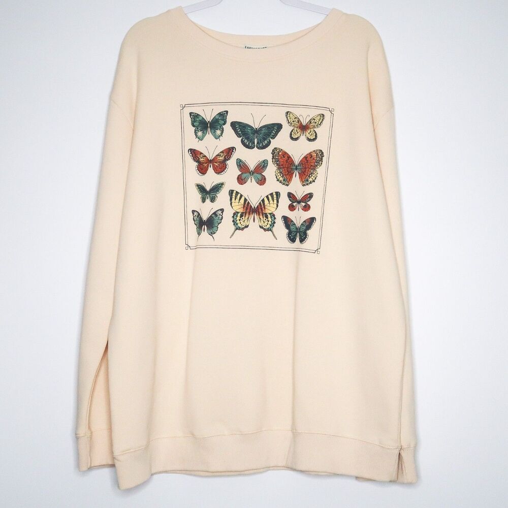 Earthbound Trading Co. Womens Oversized Sweater Large Cream Butterfly Print Crew